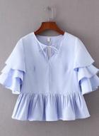 Oasap Flounce Sleeve Lace Up Solid Color Blouse