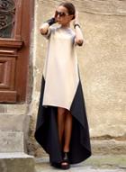 Oasap Fashion Short Sleeve Color Block High Low Maxi Dress