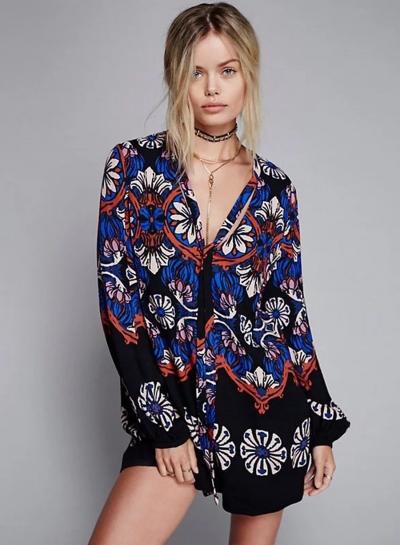 Oasap Vintage V Neck Lantern Sleeve Dress