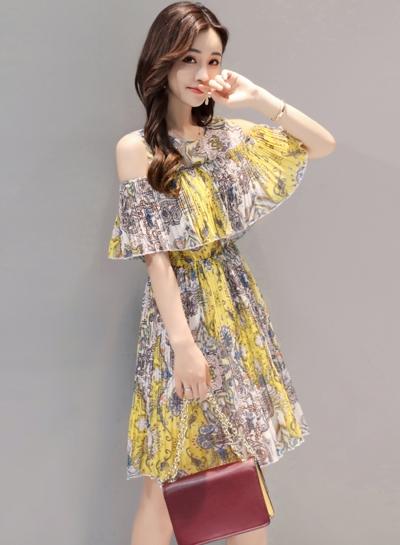 Oasap Floral Printed Ruffles Off Shoulder Midi Dress