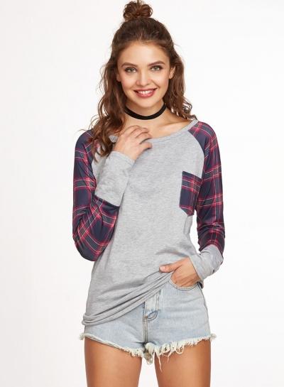 Oasap Round Neck Long Sleeve Plaid Splicing Pullover Tee Shirt