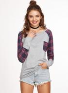 Oasap Round Neck Long Sleeve Plaid Splicing Pullover Tee Shirt
