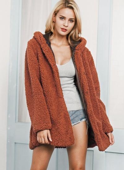 Oasap Hooded Long Sleeve Solid Color Lamb Wool Coat