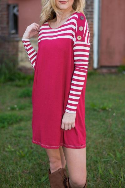 Oasap Striped Paneled Button Decoration Stretch Knit Dress