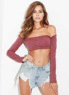 Oasap Slash Neck Long Sleeve Solid Color Crop Top