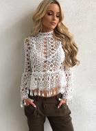 Oasap Long Sleeve Hollow Out Lace Blouse