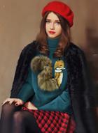 Oasap High Neck Long Sleeve Fox Patterned Pullover Sweater