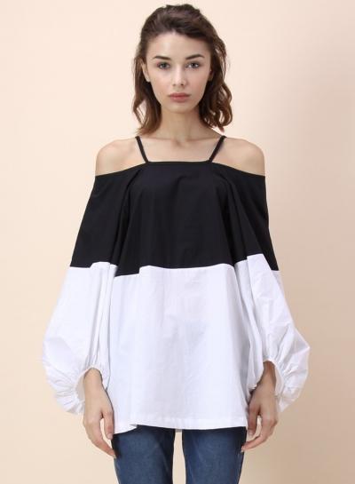 Oasap Off Shoulder Long Lantern Sleeve Color Block Blouse