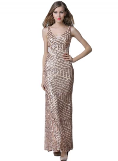 Oasap Stylish V Neck Sequin Long Prom Dress