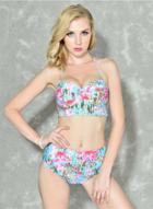 Oasap Floral Spaghetti Strap Padded Top High Waist Bottom Swimwear