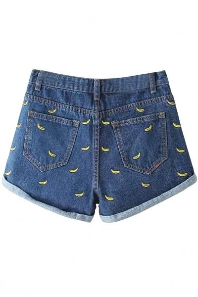 Oasap Embroidered Banana Cuffed Denim Shorts