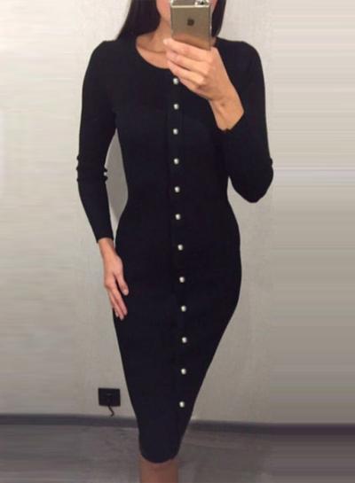 Oasap Solid Long Sleeve Knit Bodycon Midi Dress