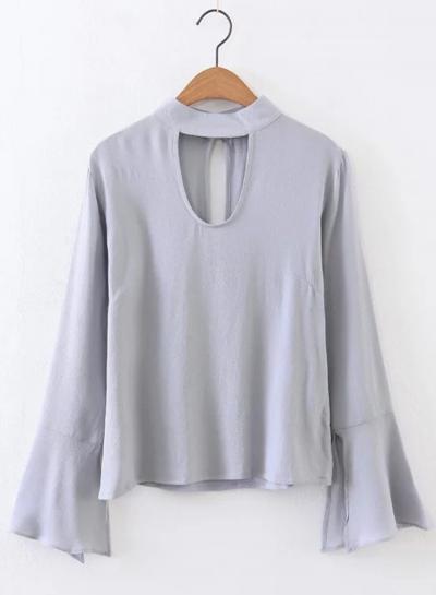 Oasap Stand Collar Flare Sleeve Solid Pullover Blouse