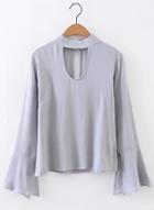 Oasap Stand Collar Flare Sleeve Solid Pullover Blouse