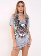 Oasap Halter V Neck Short Sleeve Eagle Printed Dress