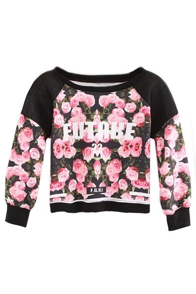 Oasap Cluster Rose Cropped Sweatshirt