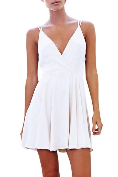 Oasap Women's Fashion White Spaghetti Strap Deep V Neck Mini Dress