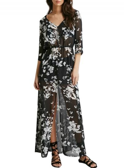 Oasap Women's Deep V Neck 3/4 Sleeve Floral Printed Slit Front Maxi Dress