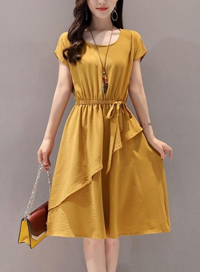 Oasap Round Neck Cap Sleeve Drawstring Waist Slim Dress