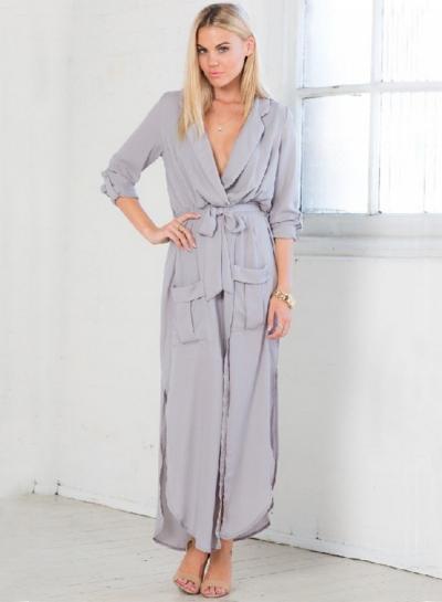 Oasap V Neck Long Sleeve Slit Maxi Shirt Dress With Belt