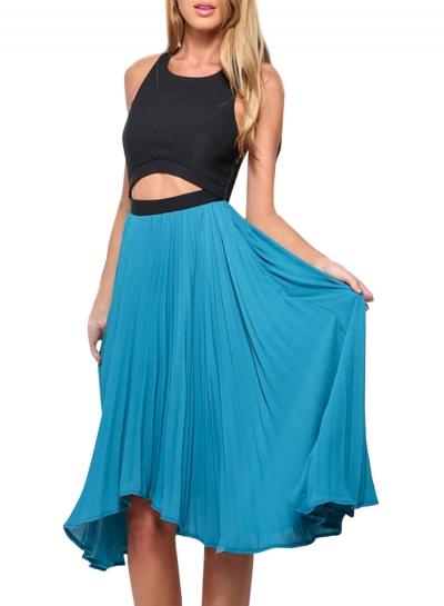 Oasap Women's Contrast Color Sleeveless Knee Length Pleated Dress