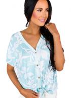 Oasap Pink White Floral Button Front Short Sleeve Top