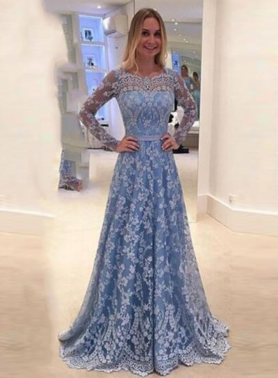 Oasap Round Neck Long Sleeve Lace Prom Maxi Dress
