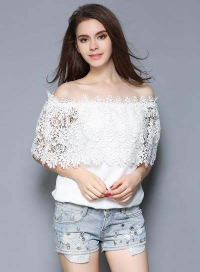 Oasap Off Shoulder Lace Crochet Blouse
