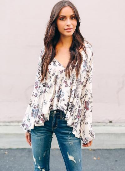 Oasap V Neck Balloon Sleeve Floral Printed Blouse