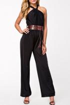 Oasap Black Halter Neck Wide Legs Jumpsuit