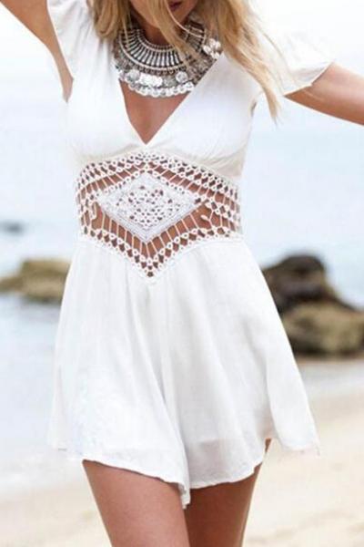 Oasap Solid White Lace Paneled Cap Sleeve Romper