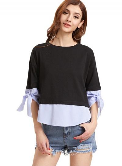 Oasap Round Neck Color Splicing Pullover Top