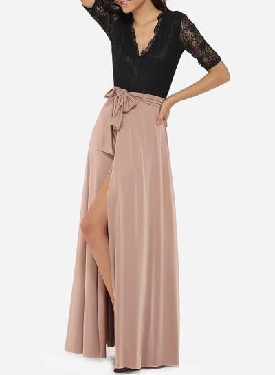 Oasap Color Block Lace Panel V Neck Maxi Dress