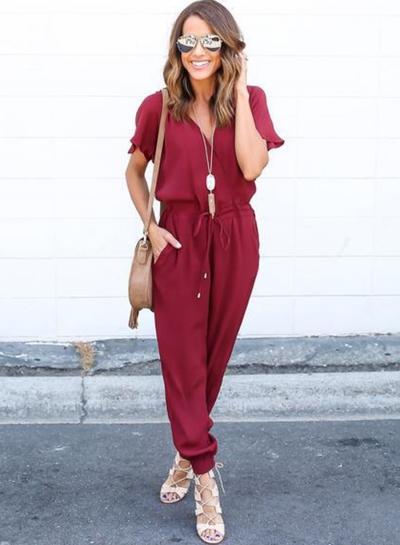 Oasap V Neck Short Sleeve Drawstring Waist Jumpsuit