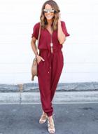 Oasap V Neck Short Sleeve Drawstring Waist Jumpsuit