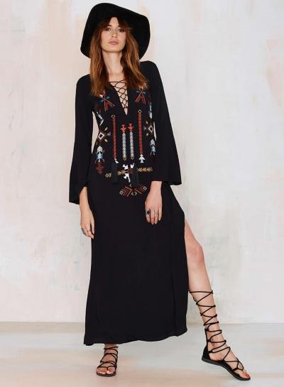 Oasap Boho V Neck Flare Sleeve Embroidered Maxi Dress