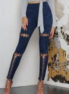 Oasap Casual Solid Color High Waist Lace Up Strench Pants