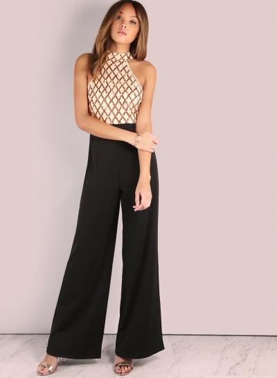 Oasap Halter Off Shoulder Sleeveless Sequin Panel Jumpsuit