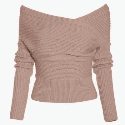 Oasap V Neck Off Shoulder Long Sleeve Solid Color Pullover Sweater