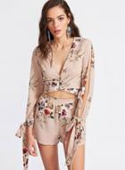 Oasap V Neck Shorts Set Floral Printed Matching Set
