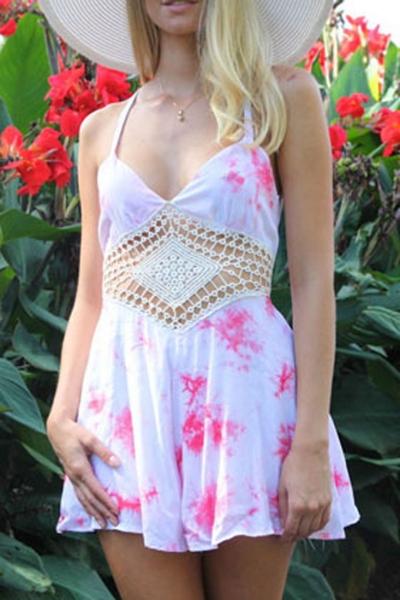 Oasap Hot Pink Floral Crochet Lace Insert Rompers