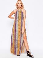 Oasap Spaghetti Strap High Slit Striped Prom Dress