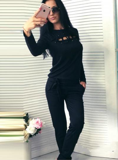 Oasap Round Neck Long Sleeve Lace Up Solid Color Sweatshirt Pants Set