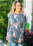 Oasap Floral Print Elbow Patch Grey Long Sleeve Tee Shirt