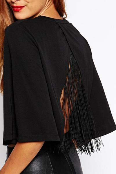 Oasap V Back Crop Top Tassel Tee