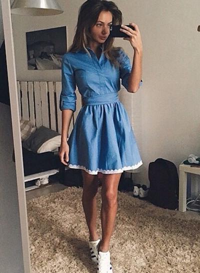 Oasap Turn-down Collar Half Sleeve A-line Denim Dress