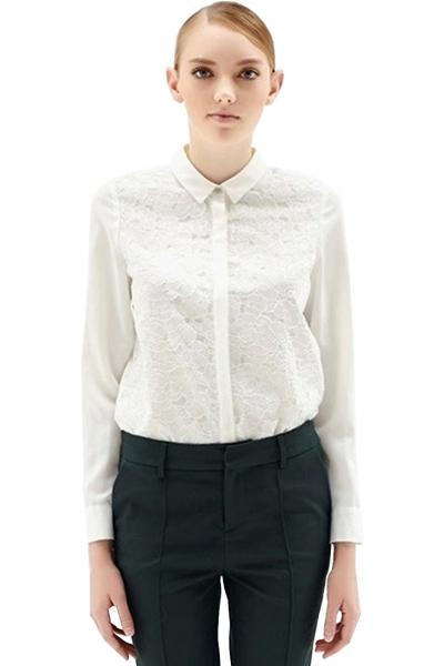 Oasap Fashion White Button Down Lace Overlay Chiffon Shirt
