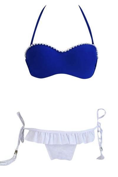Oasap Bead Decoration Halter Flouncing Buttom Two Piece Swimsuit