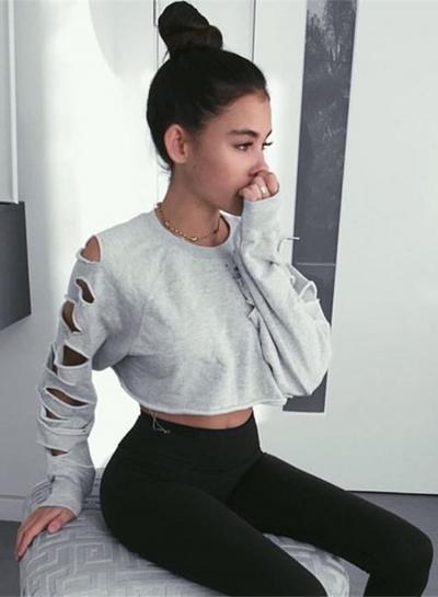 Oasap Solid Long Sleeve Cropped Ripped Sweatshirt