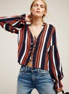 Oasap Fashion Striped Lace-up Front Long Sleeve Blouse